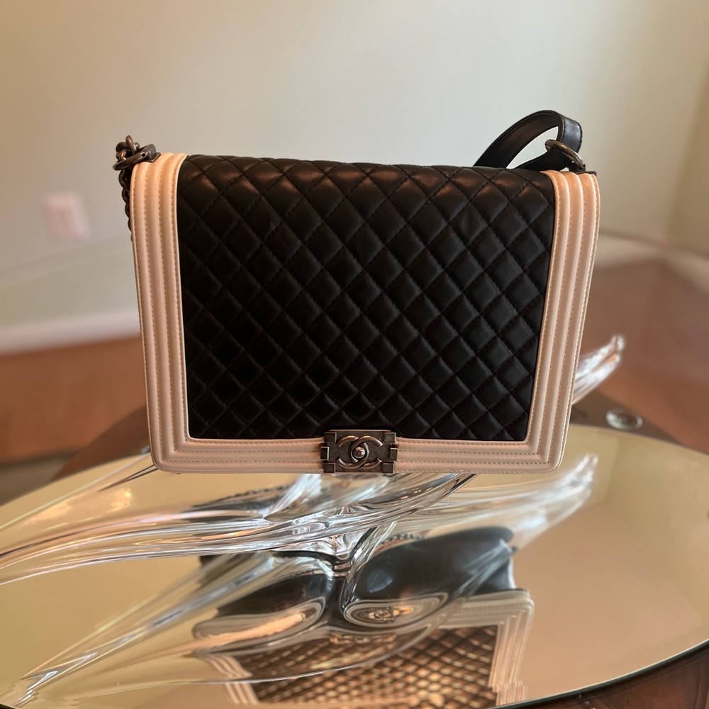 CHANEL Black and Cream Leboy Bag with Quilted Design